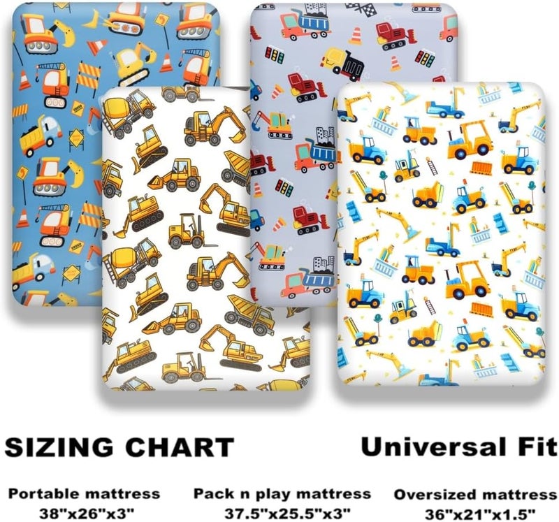FIGEPO 4 Pack Baby Boy Pack N Play Mini Crib Sheets Soft Fitted Baby Boy Mattress Covers Construction Truck Theme Breathable Toddler Sheets for Infant (Construction Truck, Pack N Play Mini Crib Sheets) - Image 5